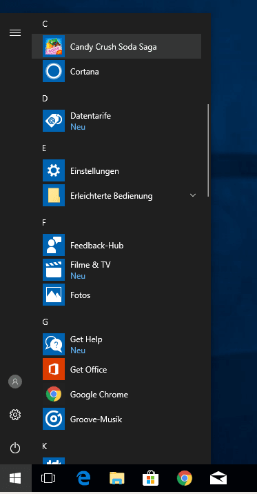 Windows 10 - schmales Startmenü