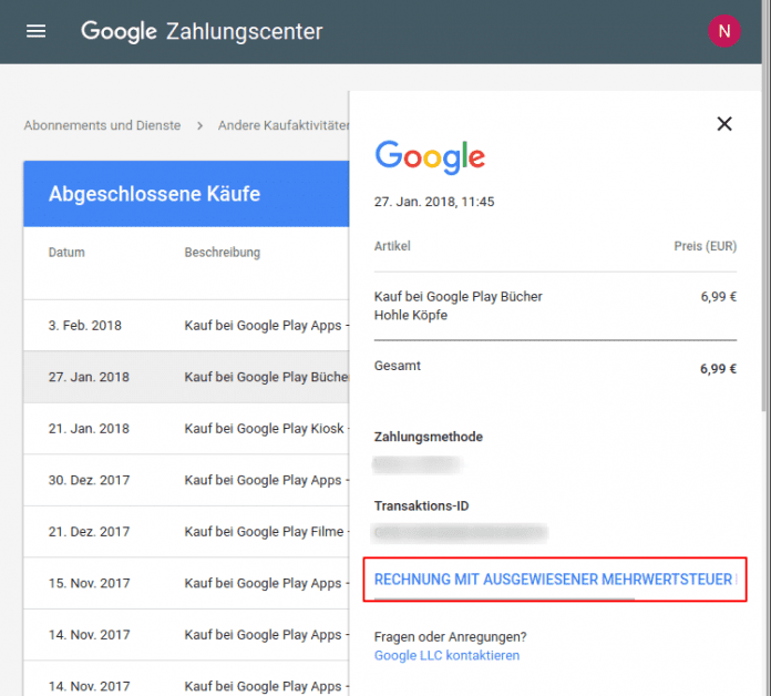 Rechnung aus GooglePlayStore herunterladen