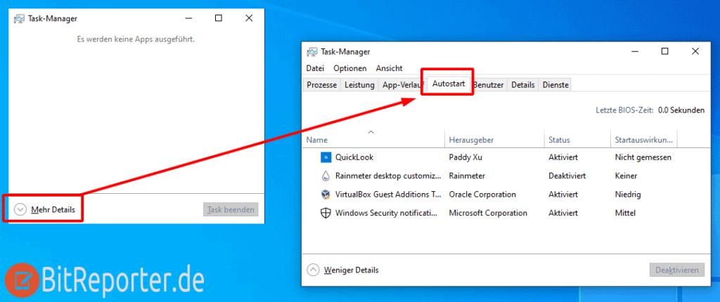 Windows 10 Autostart-Optionen im Taskmanager aufrufen