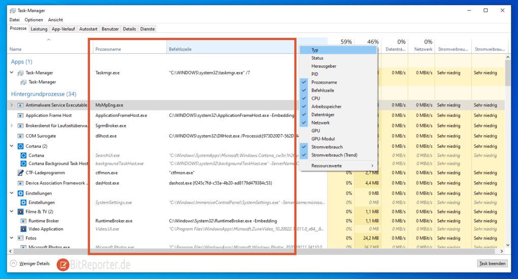 Prozessname und Befehlszeile im Windows 10 Task-Manager anzeigen