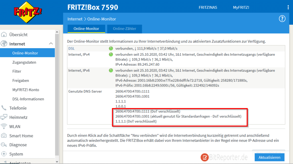 DoT DNS-over-TLS in der Fritzbox aktiv und für Standardanfragen genutzt