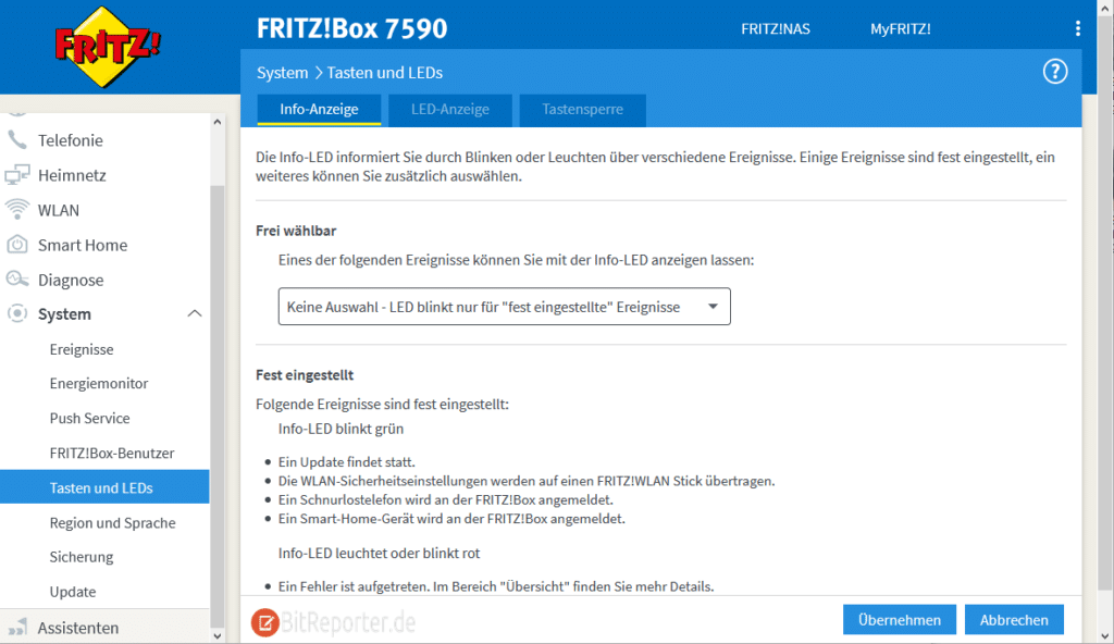 Fritzbox Benutzeroberfläche mit Einstellungen für Info-LED