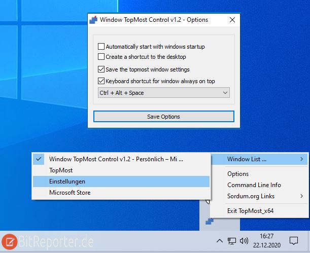 Mit Topmost Control ein Fenster unter Windows 10 immer im Vordergrund halten