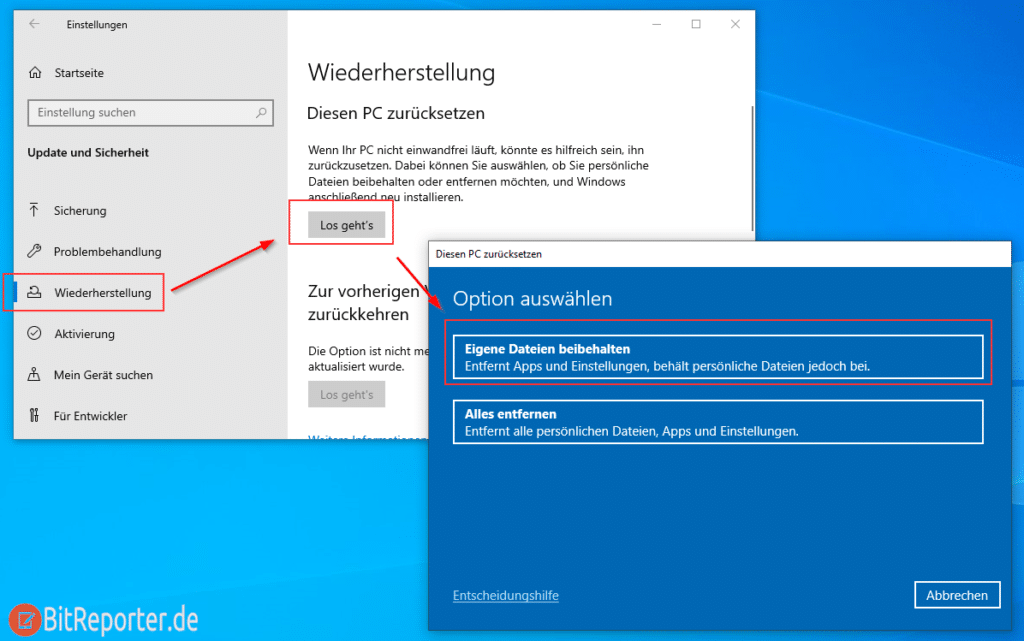 Windows 10 zurücksetzen und Daten behalten