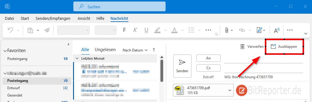 Outlook Mail einmalig in neuem Fenster öffnen beim Antworten und Weiterleiten.