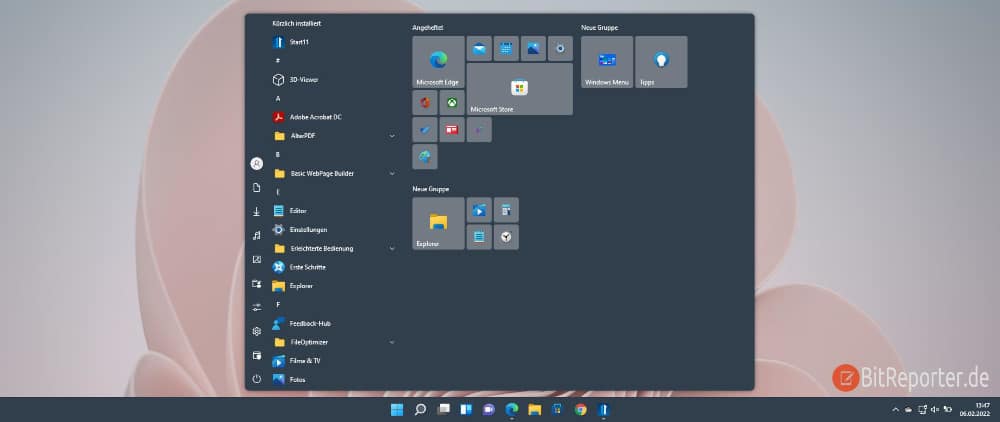 Startmenü im Stil von Windows 10 unter Windows 11