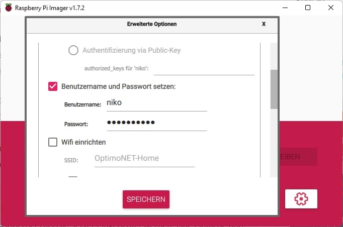 Rasberry Pi Benutzername und Passwort in Imager vor Erstellen der SD KArte konfigurieren.