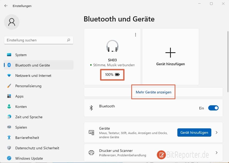 Bluetooth Akku-Ladestand in Windows 11 anzeigen