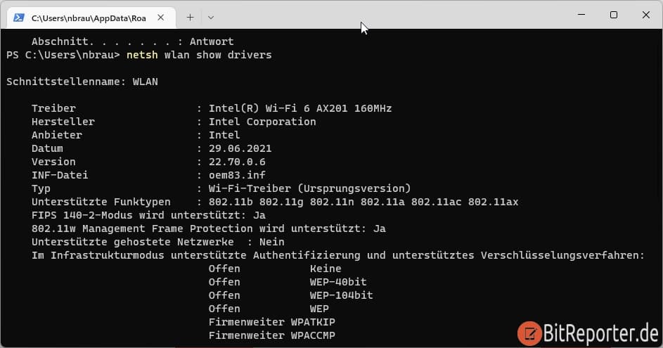 Windows Netsh Befehl WLAN Informationen anzeigen