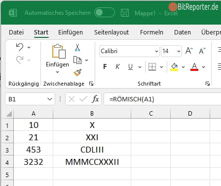 Mit Excel oder Libre Office Calc arabische in römische Zahlen umwandeln