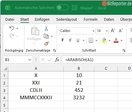 Mit Excel römische in arabische Zahlen umwandeln