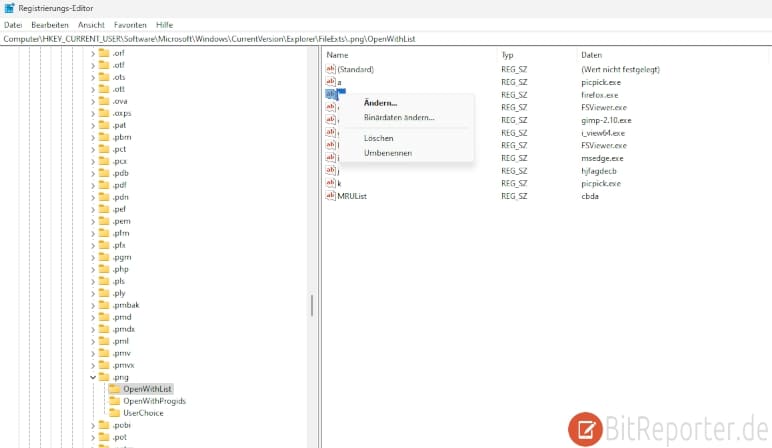 Regedit Programm Firefox aus Öffnen-mit für PNG Dateien entfernen