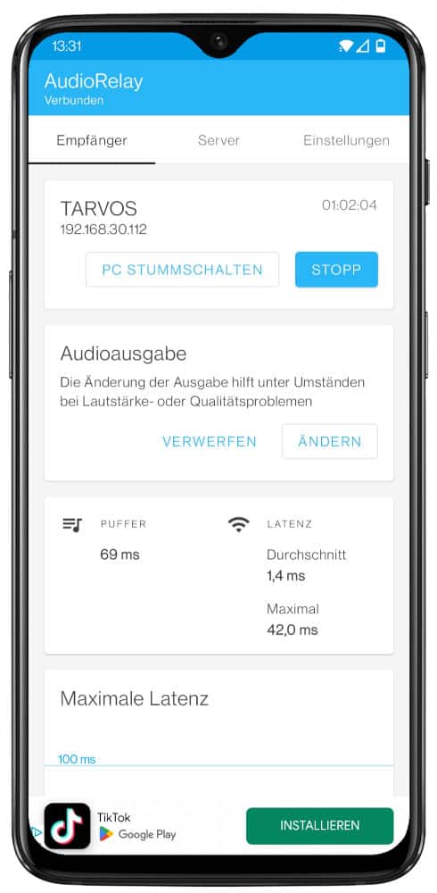 AudioRelay App auf dem Smartphone
